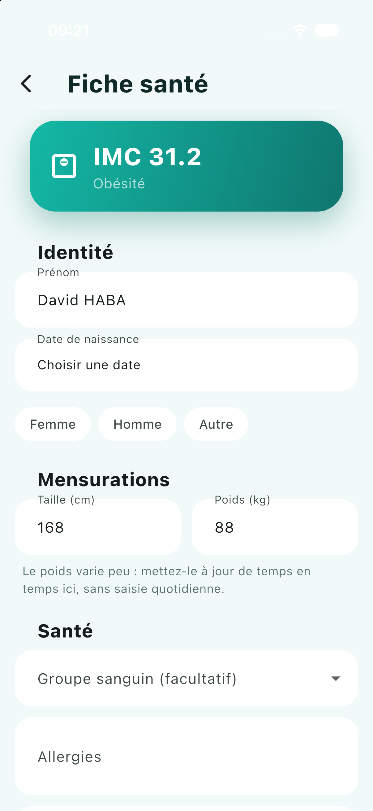 Fiche santé avec calcul de l'IMC