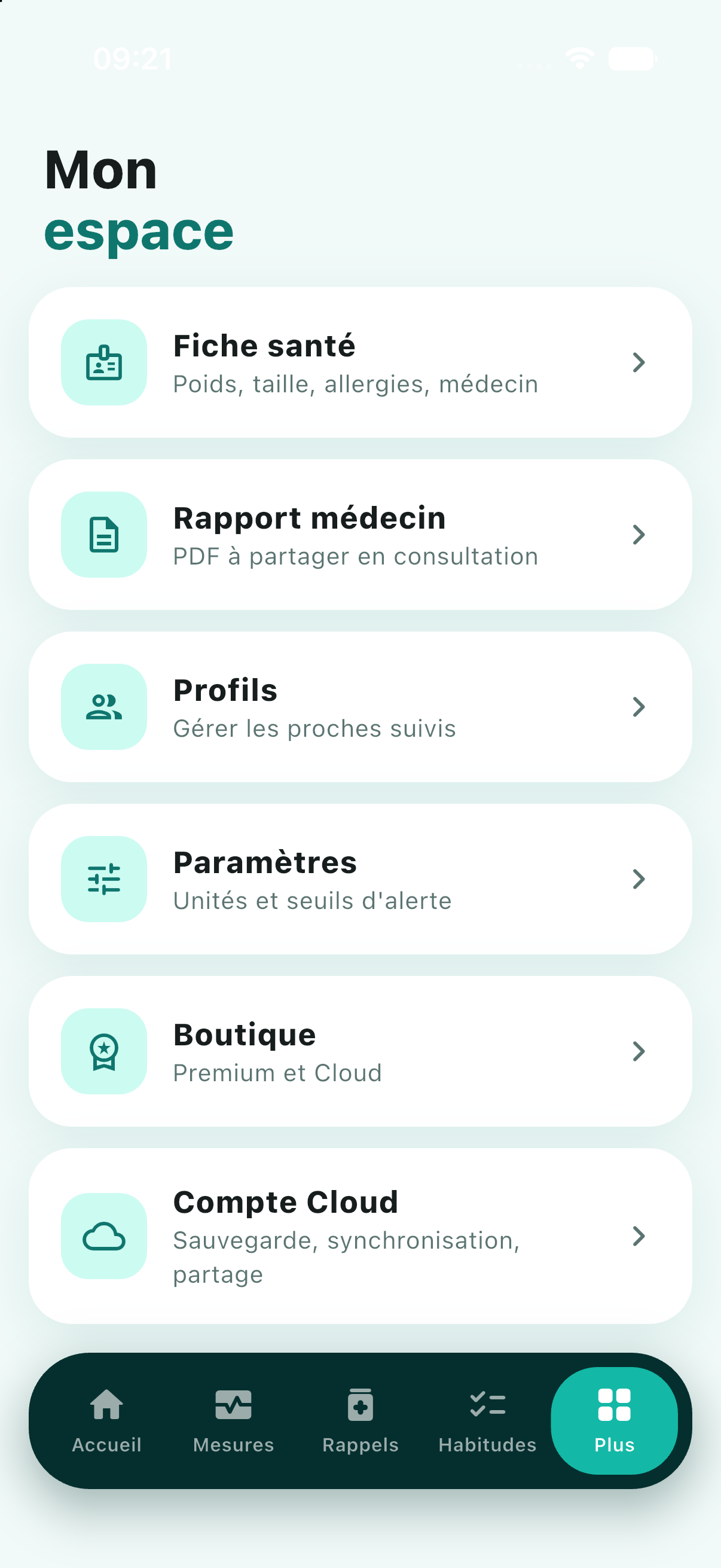 Menu Mon espace