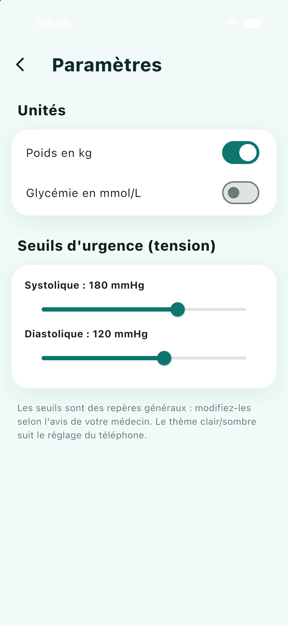 Paramètres : unités et seuils d'urgence